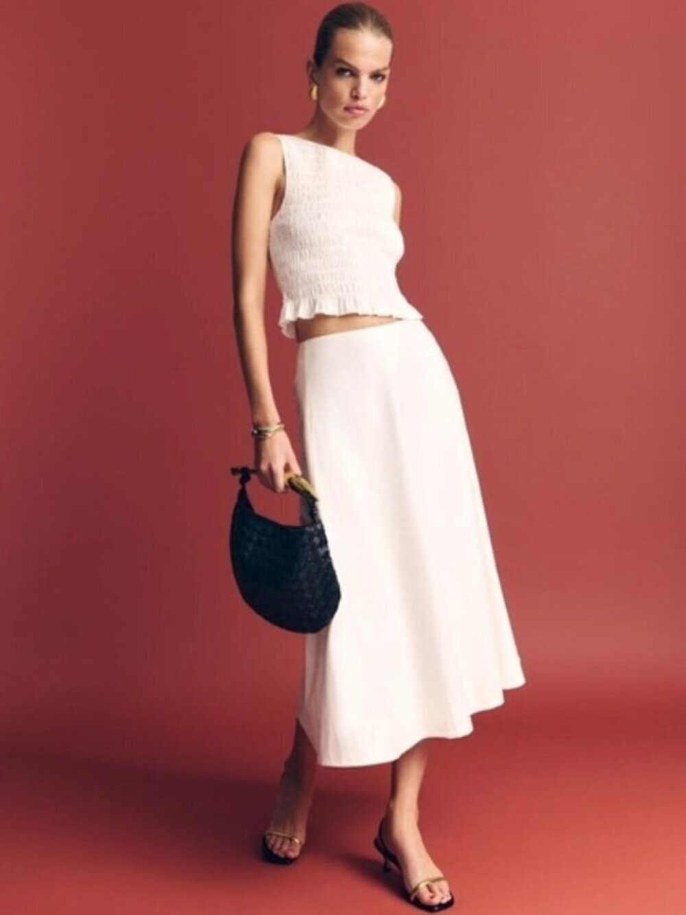 NEW Reformation Laguna Two Piece Matching Midi Skirt Set White | US 4 UK 8
